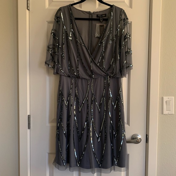 Adrianna Papell Studios Beaded Mesh A-Line Dress - Size 14 - Dusty Blue - NWT - Picture 4 of 10